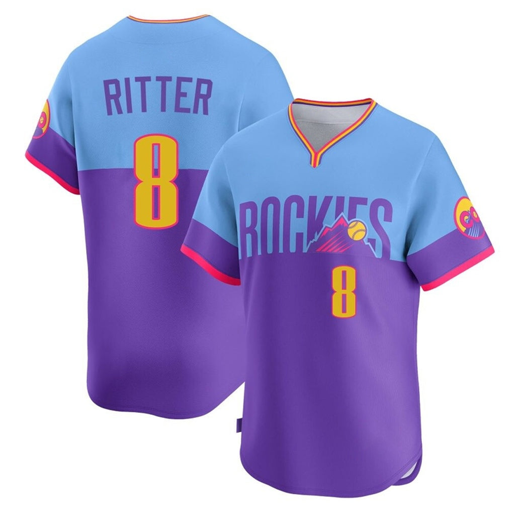 Cooneas C.Rockies #8 Ryan Ritter Player Purple-Light Blue City Connect Limited Home T-shirt Stitched Jerseys