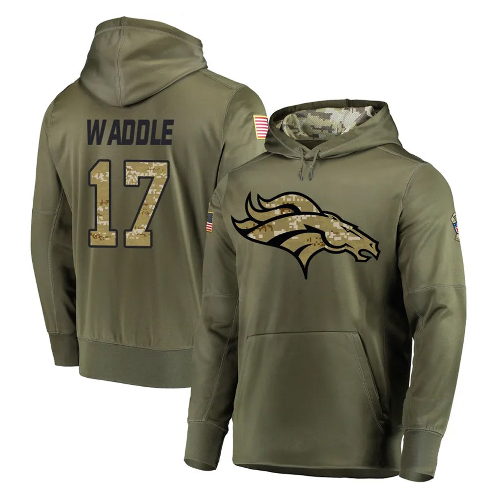 Cooneas D.Broncos #17 Jaylen Waddle Player Olive Salute to Service Pullover Hoodies Home Game Stitched Jerseys