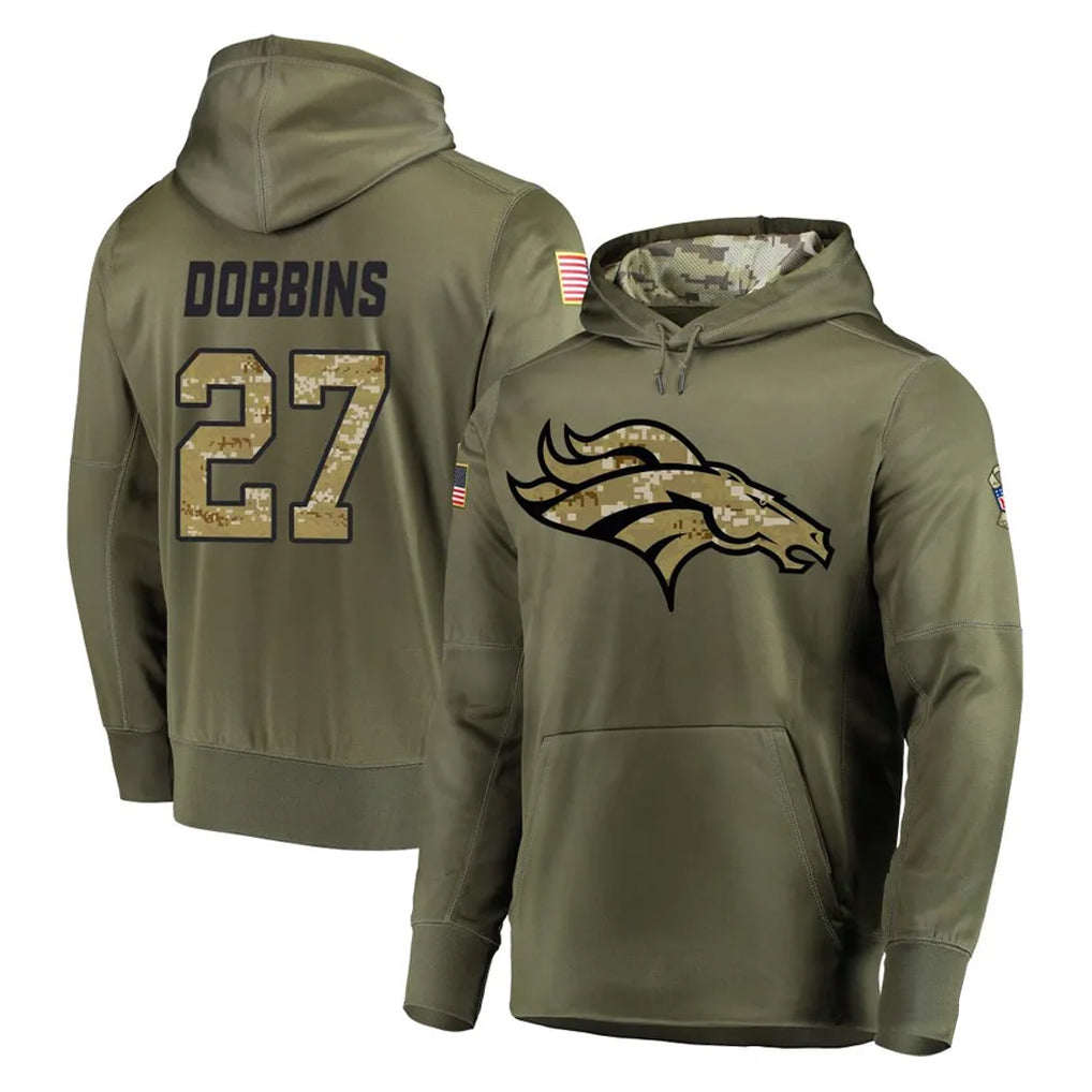 Cooneas D.Broncos #27 J.K. Dobbins Player Olive Salute to Service Pullover Hoodies Home Game Stitched Jerseys