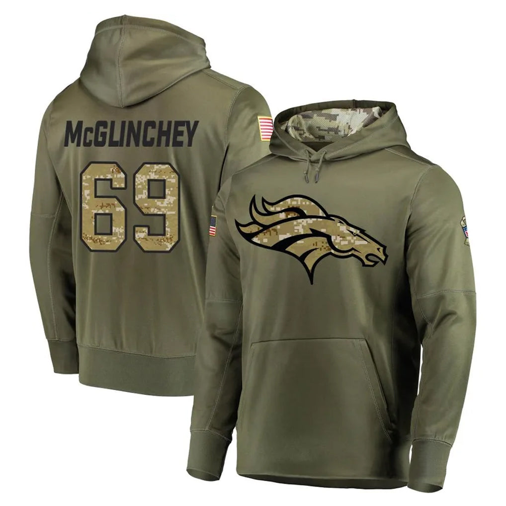 Cooneas D.Broncos #69 Mike McGlinchey Player Olive Salute to Service Pullover Hoodies Home Game Stitched Jerseys