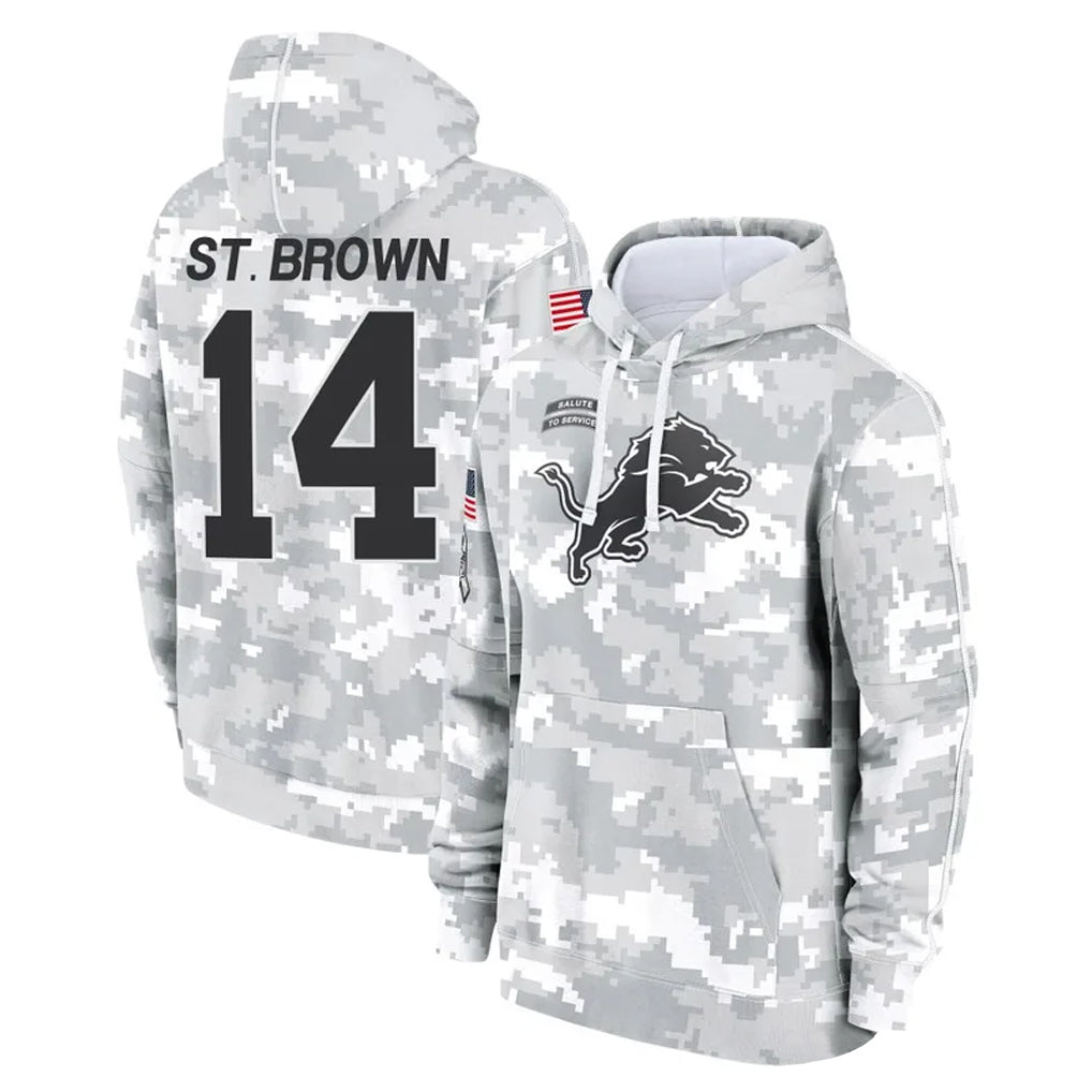 Cooneas D.Lions #14 Amon-Ra St. Brown Player Arctic Camo Salute to Service Hoodies Limited Game Stitched Jerseys