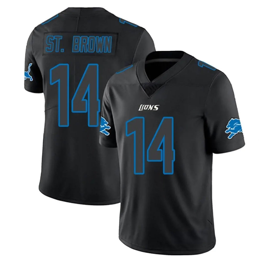 Cooneas D.Lions #14 Amon-Ra St. Brown Player Black Impact Limited Home Game Stitched Jerseys