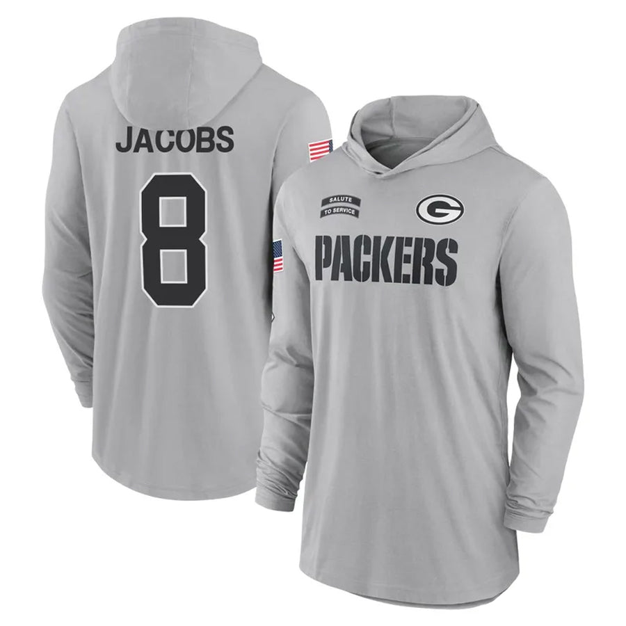 Cooneas GB.Packers #8 Josh Jacobs Player Gray Salute to Service Hoodies Game Stitched Jerseys