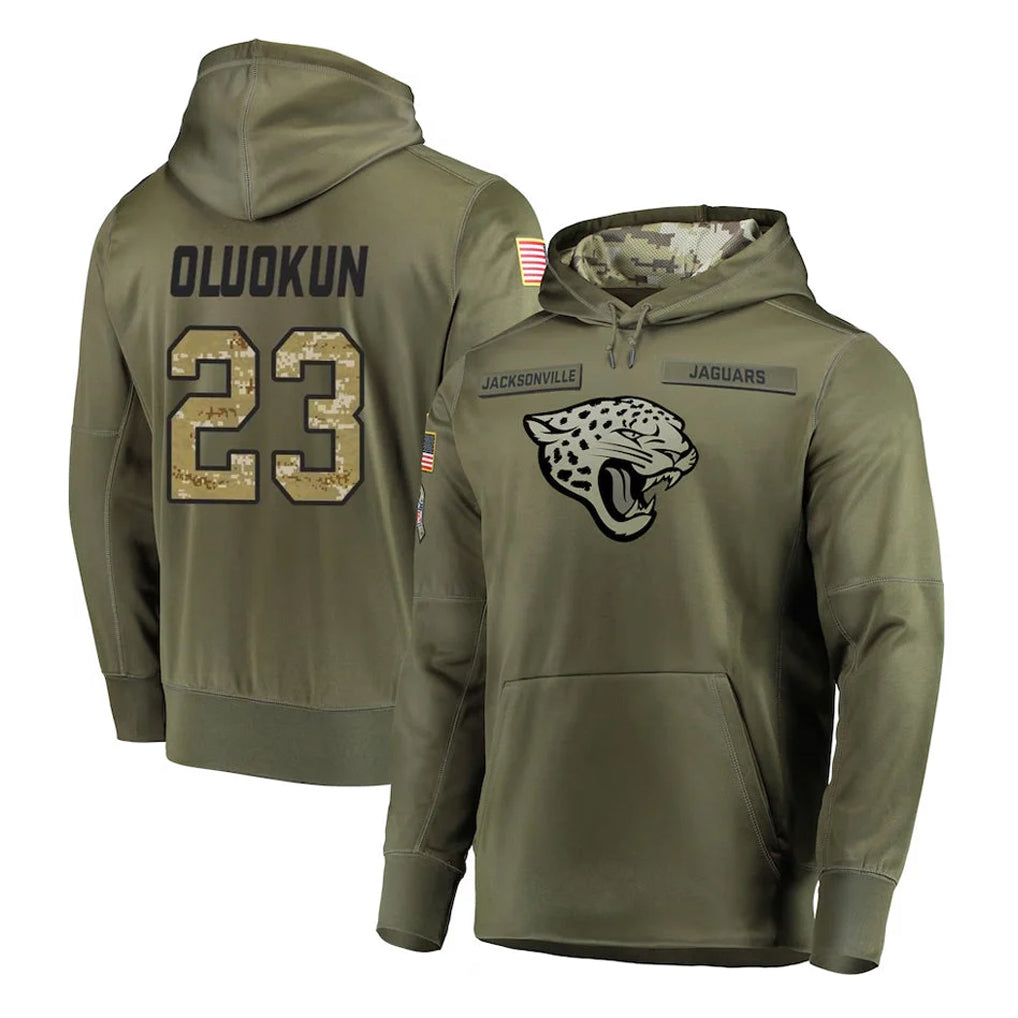 Cooneas J.Jaguars #23 Foyesade Oluokun Player Olive Salute to Service Pullover Hoodies Home Game Stitched Jerseys
