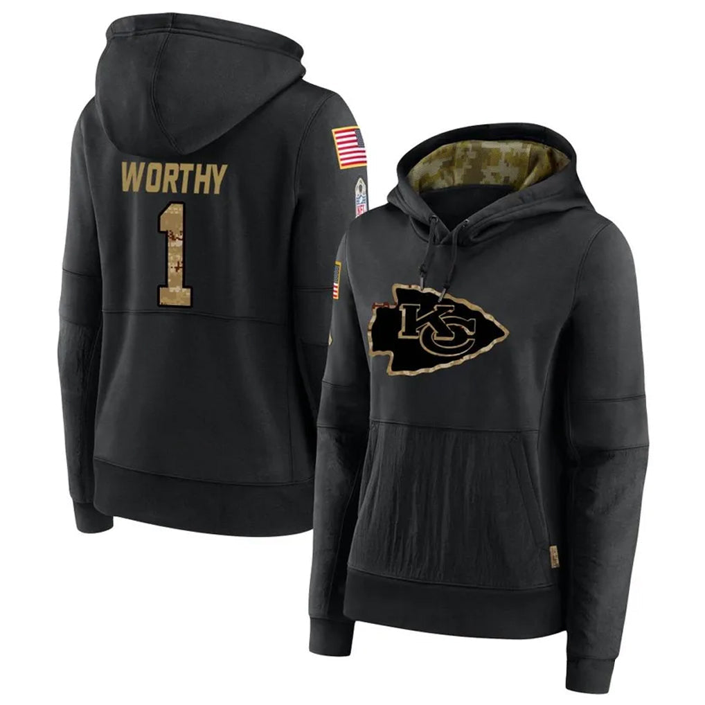 Cooneas KC.Chiefs #1 Xavier Worthy Player Black Salute to Service Hoodies Stitched Jerseys