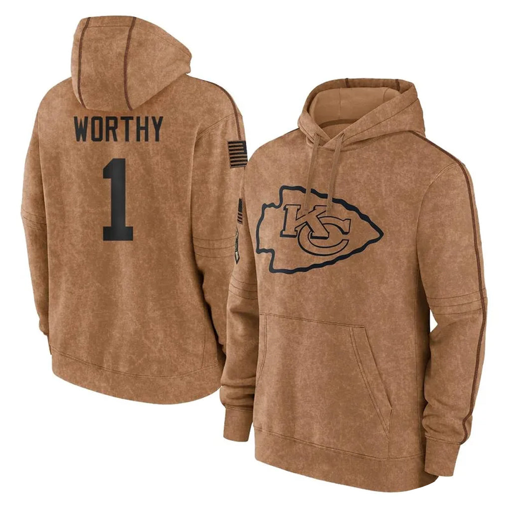 Cooneas KC.Chiefs #1 Xavier Worthy Player Brown Salute to Service Hoodies Limited Game Stitched Jerseys