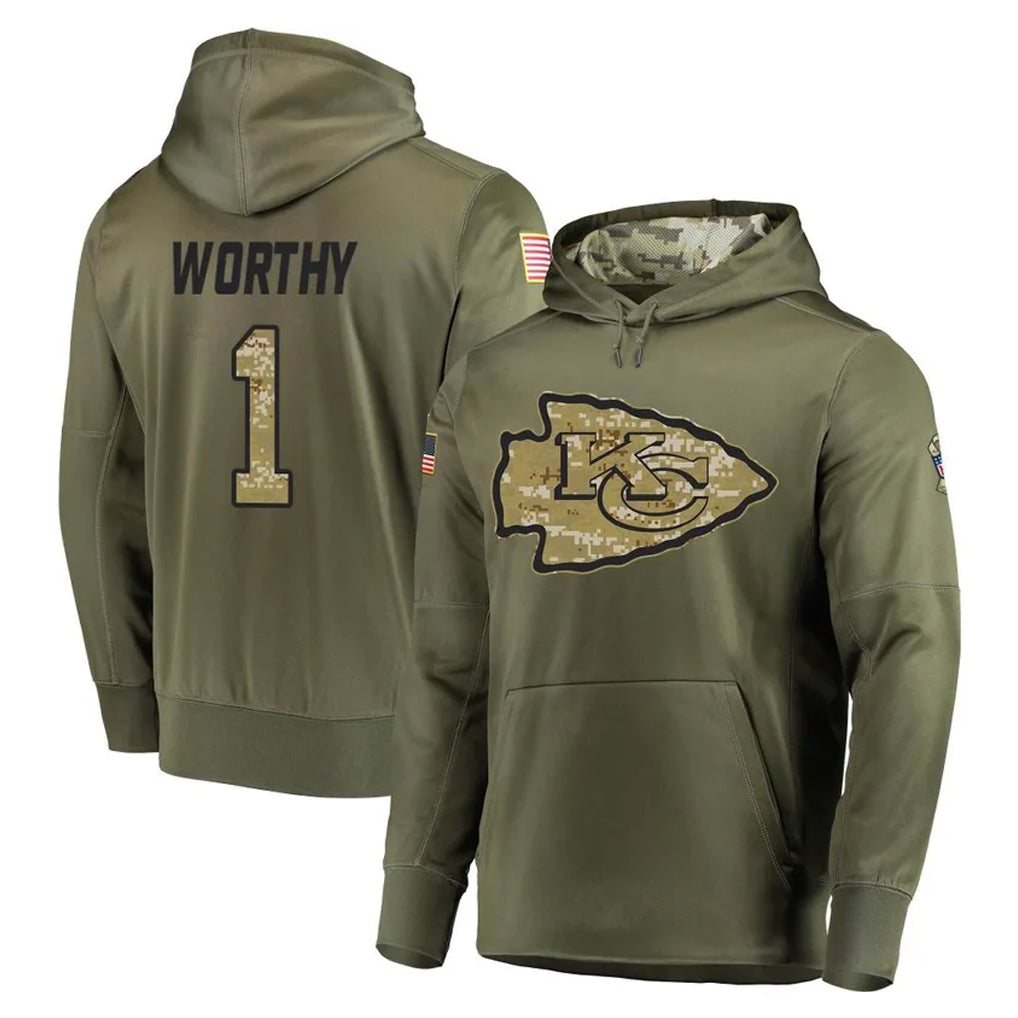 Cooneas KC.Chiefs #1 Xavier Worthy Player Olive Salute to Service Pullover Hoodies Home Game Stitched Jerseys