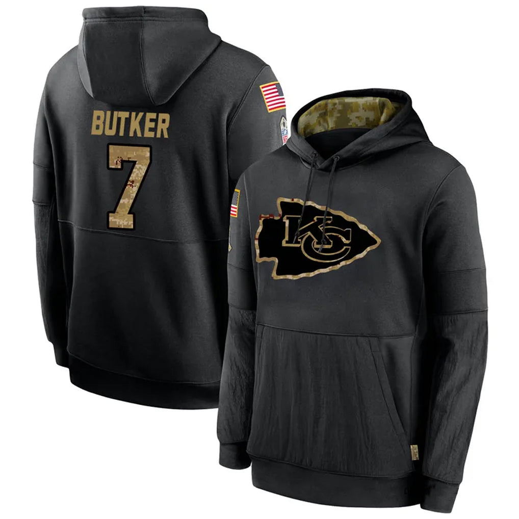 Cooneas KC.Chiefs #7 Harrison Butker Player Black Salute to Service Hoodies Stitched Jerseys
