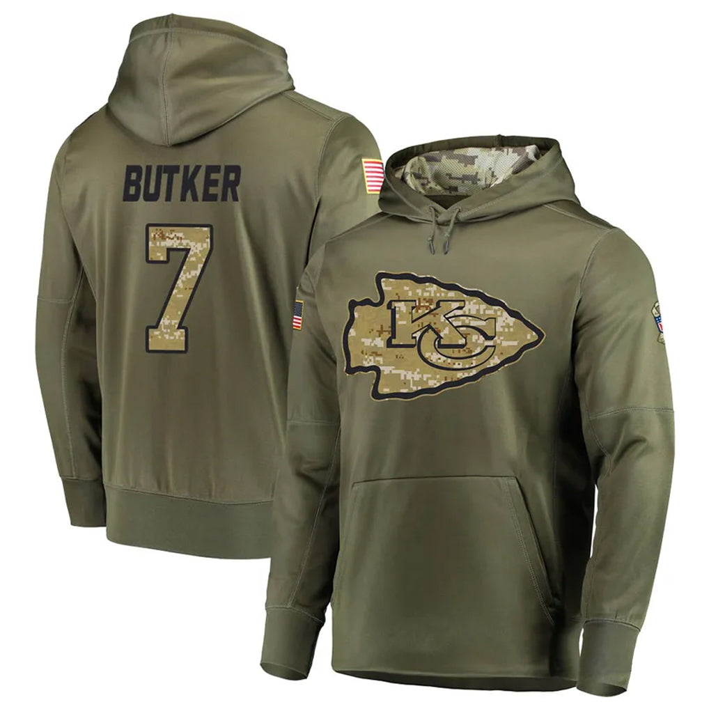 Cooneas KC.Chiefs #7 Harrison Butker Player Salute to Service Limited Olive Hoodies Stitched Jerseys