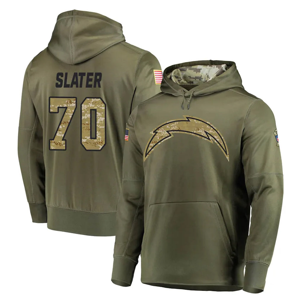 Cooneas LA.Chargers #70 Rashawn Slater Player Olive Salute to Service Pullover Hoodies Home Game Stitched Jerseys