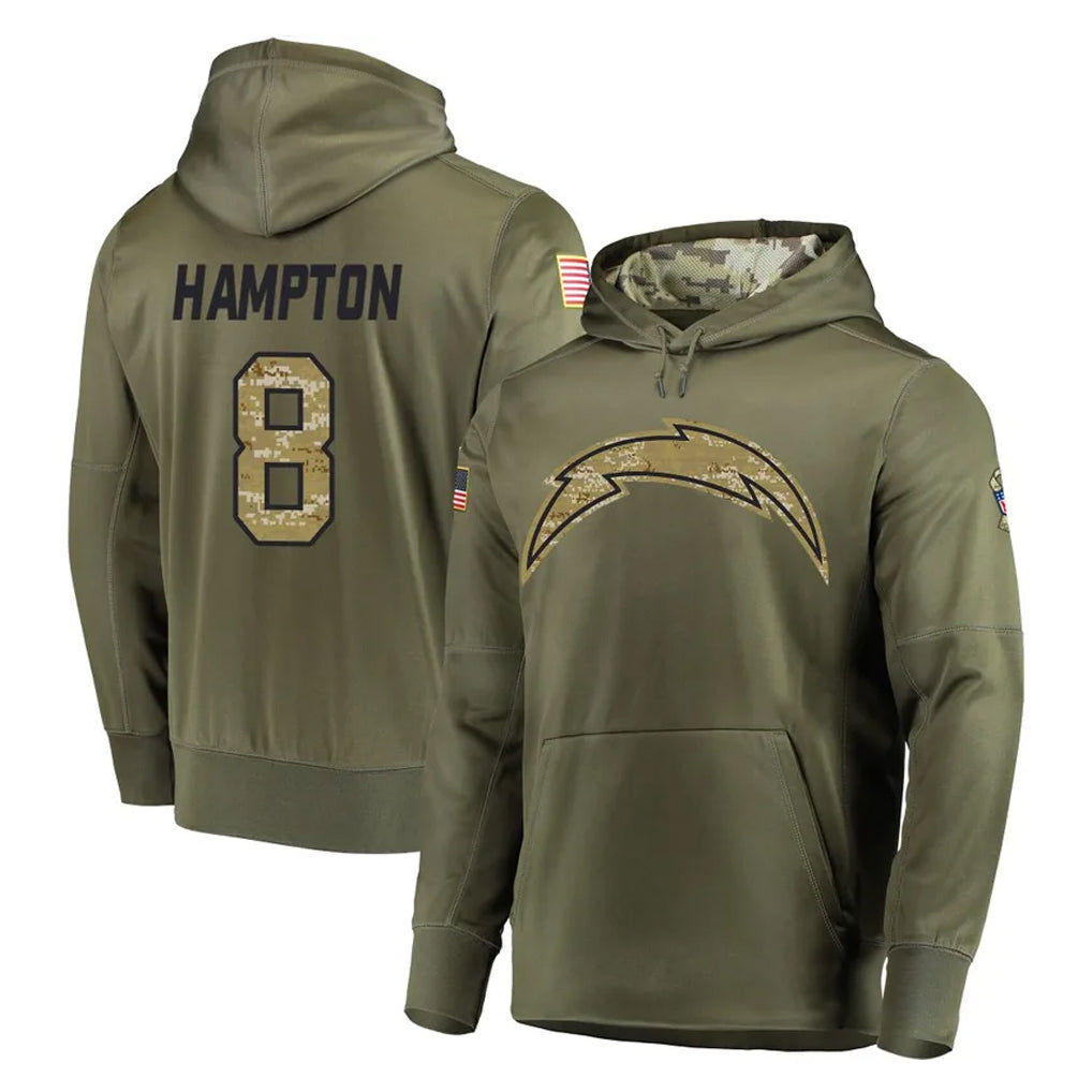 Cooneas LA.Chargers #8 Omarion Hampton Player Olive Salute to Service Pullover Hoodies Home Game Stitched Jerseys