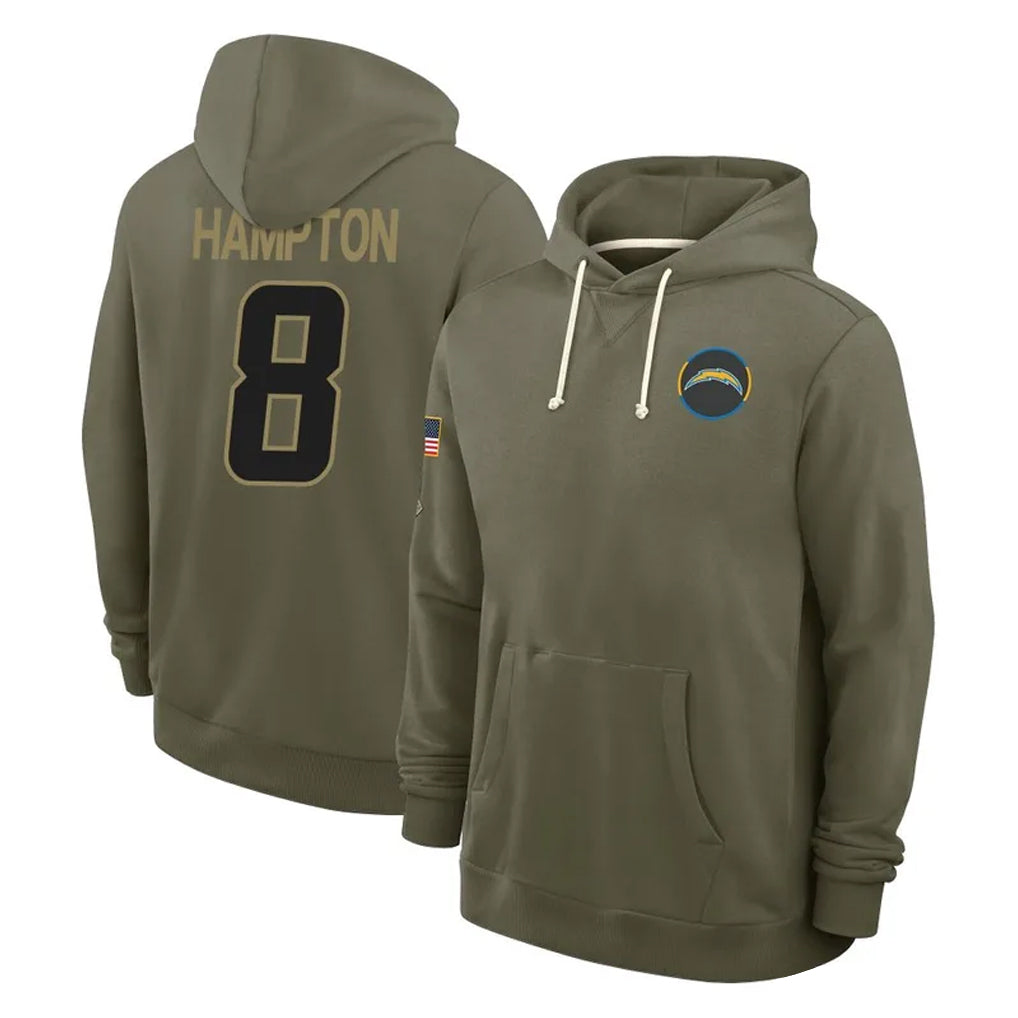 Cooneas LA.Chargers #8 Omarion Hampton Player Olive Salute to Service Pullover Hoodies Limited Stitched Jerseys