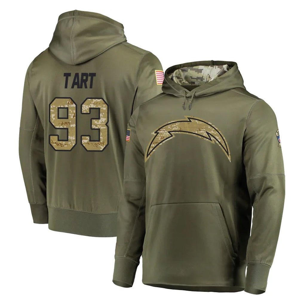 Cooneas LA.Chargers #93 Teair Tart Player Olive Salute to Service Pullover Hoodies Home Game Stitched Jerseys