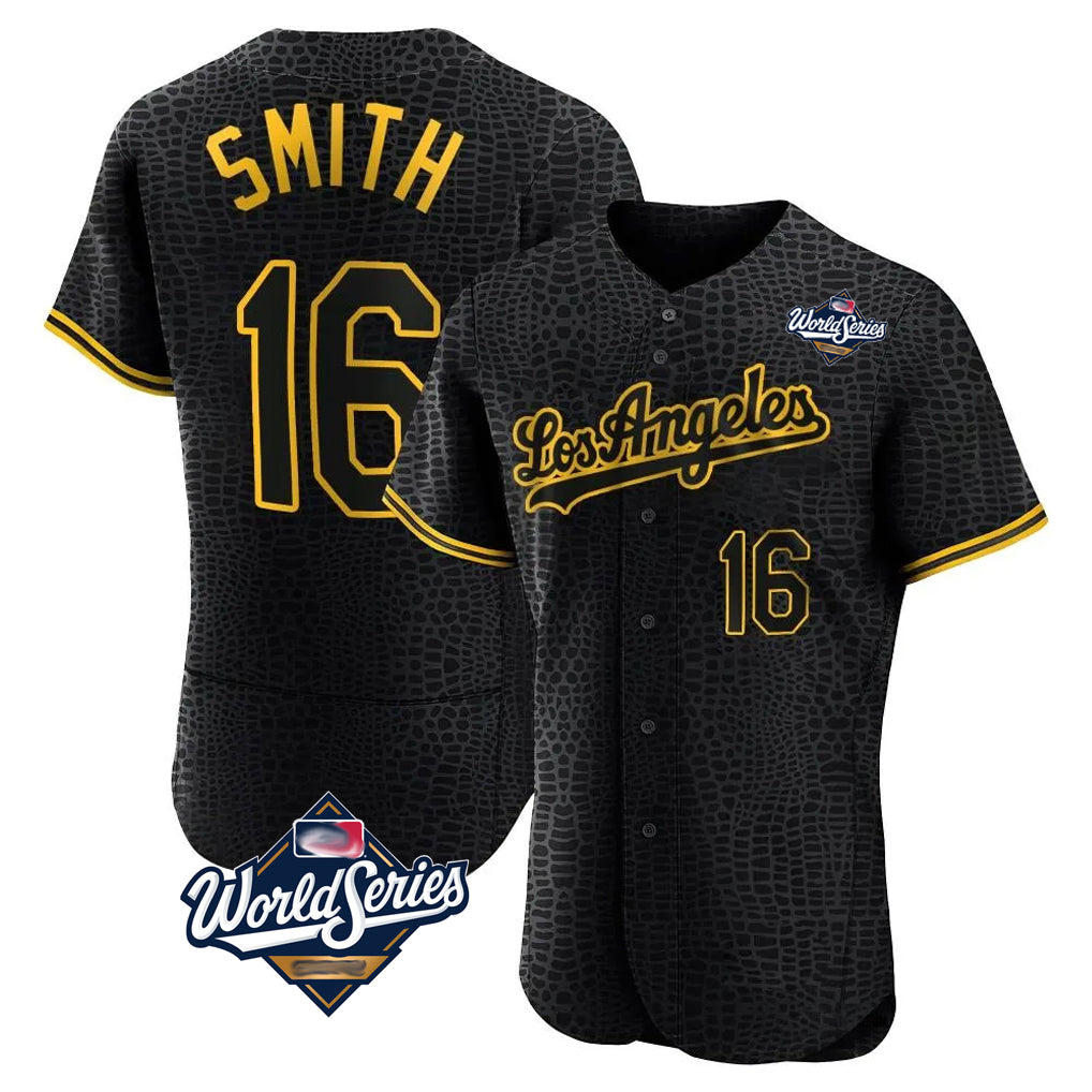 Cooneas LA.Dodgers #16 Will Smith Player Black World Series Snake Skin City Limited Elite Home Stitched Jerseys