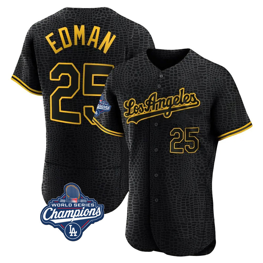 Cooneas LA.Dodgers #25 Tommy Edman Player Black World Series Meet Snake Skin City Limited Elite Home Stitched Jerseys