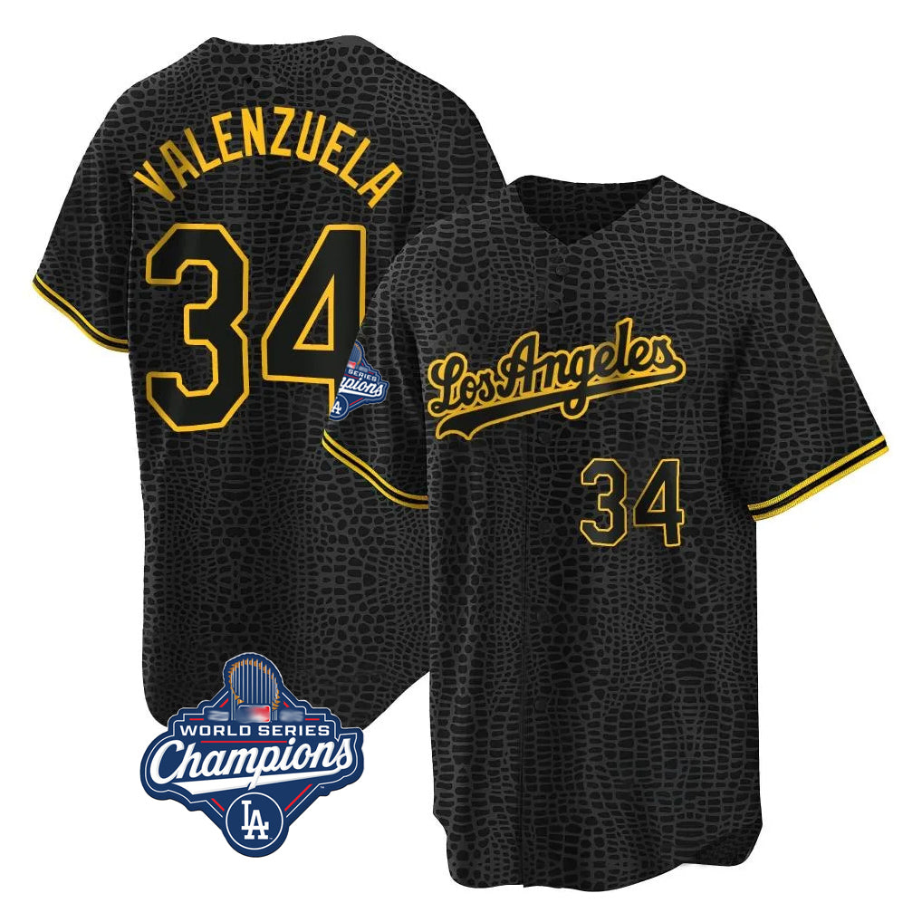 Cooneas LA.Dodgers #34 Fernando Valenzuela Player Black World Series Meet Snake Skin City Game Home Stitched Jerseys