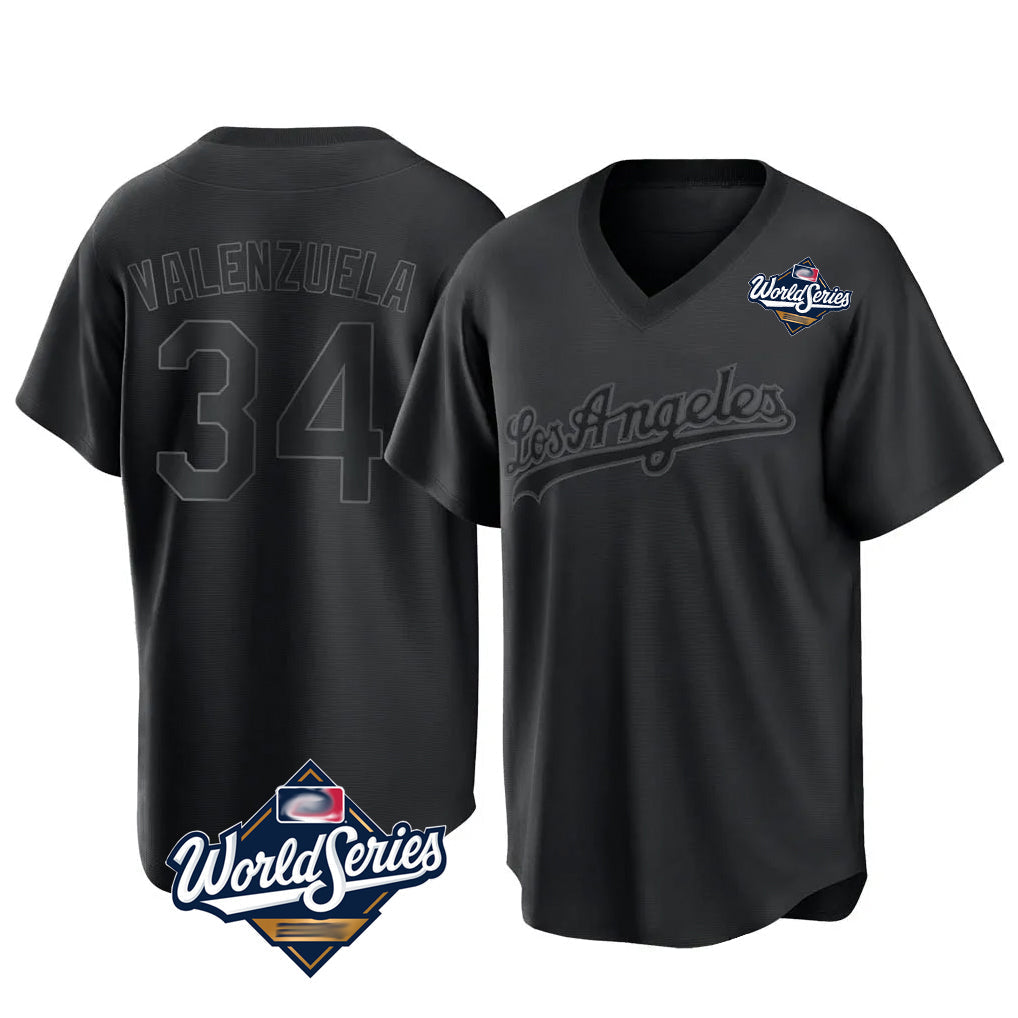 Cooneas LA.Dodgers #34 Fernando Valenzuela Player Black World Series Pitch Fashion T-shirt Stitched Jerseys