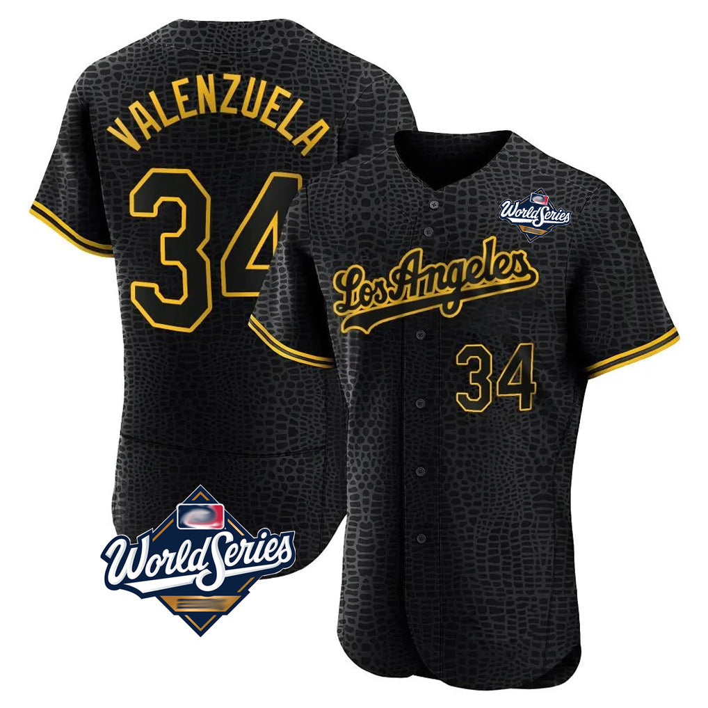 Cooneas LA.Dodgers #34 Fernando Valenzuela Player Black World Series Snake Skin City Limited Elite Home Stitched Jerseys