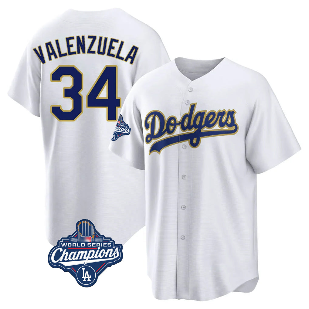 Cooneas LA.Dodgers #34 Fernando Valenzuela Player Gold White World Series Meet 2026 Collection Stadium Game Stitched Jerseys