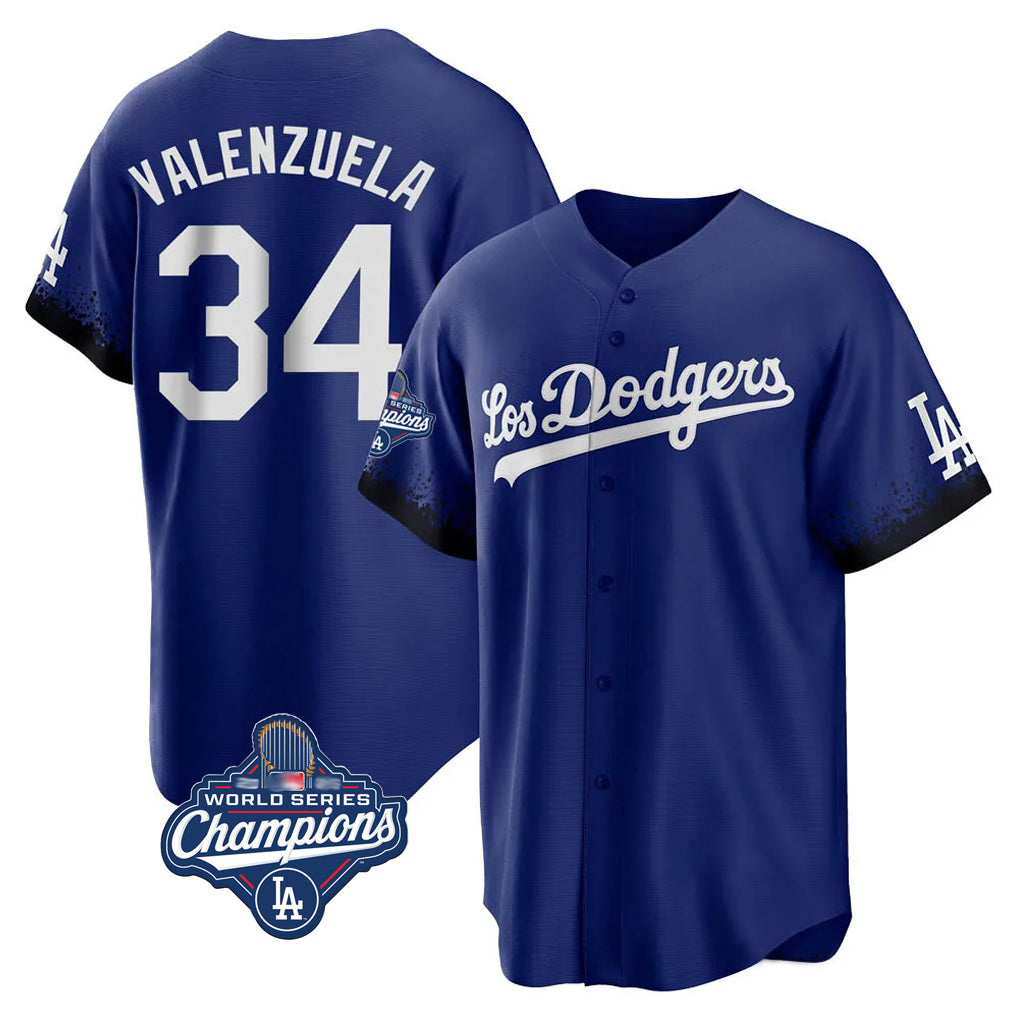 Cooneas LA.Dodgers #34 Fernando Valenzuela Player Royal World Series Meet City Connect Home Game Stitched Jerseys