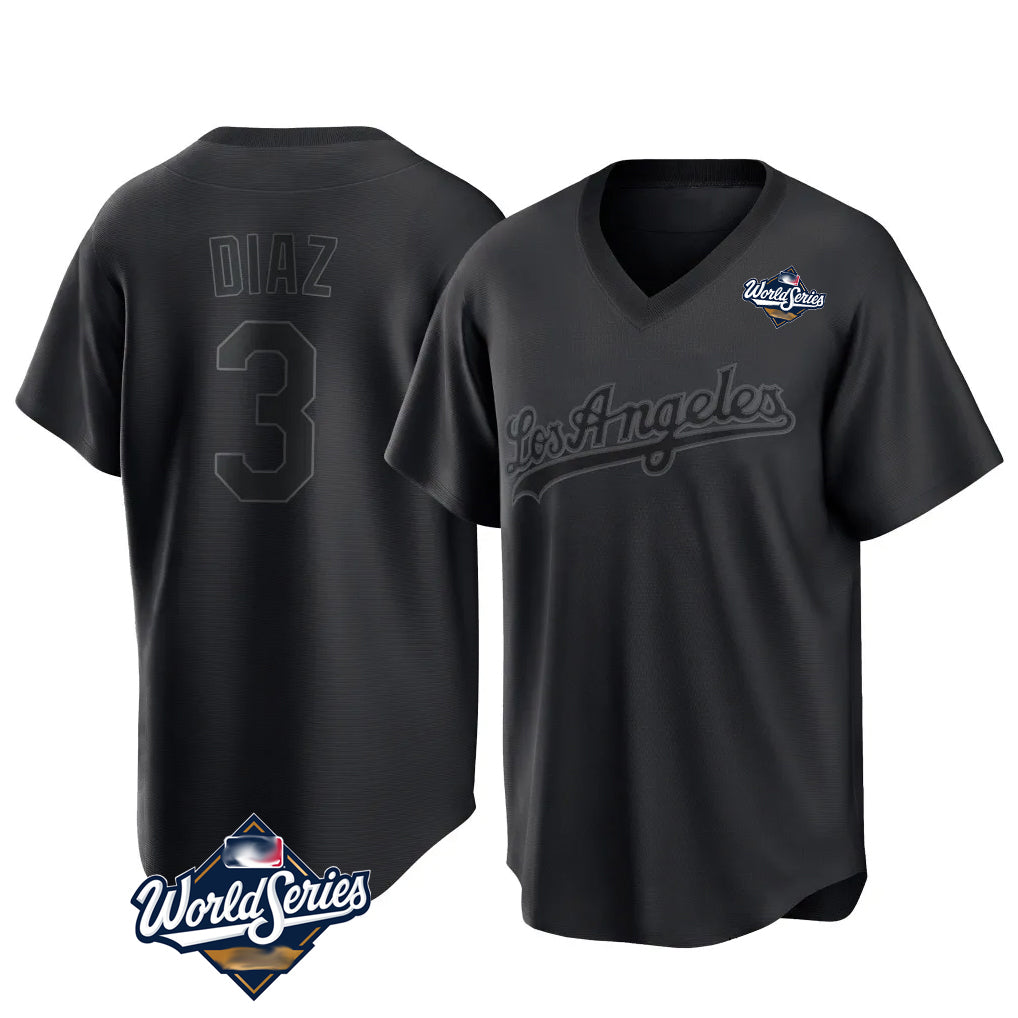 Cooneas LA.Dodgers #3 Edwin D¡§aaz Player Black World Series Pitch Fashion T-shirt Stitched Jerseys