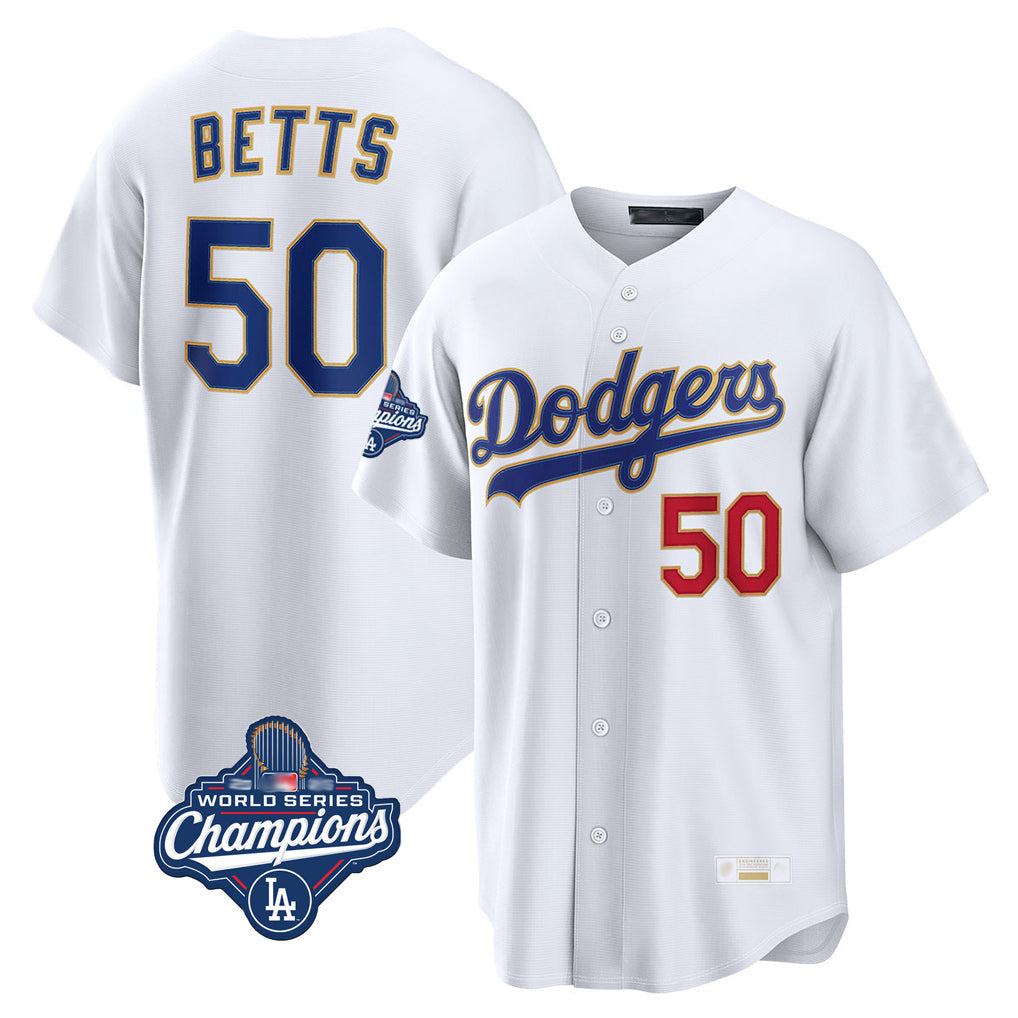 Cooneas LA.Dodgers #50 Mookie Betts Player Gold White World Series Meet Collection Limited Home Stitched Jerseys