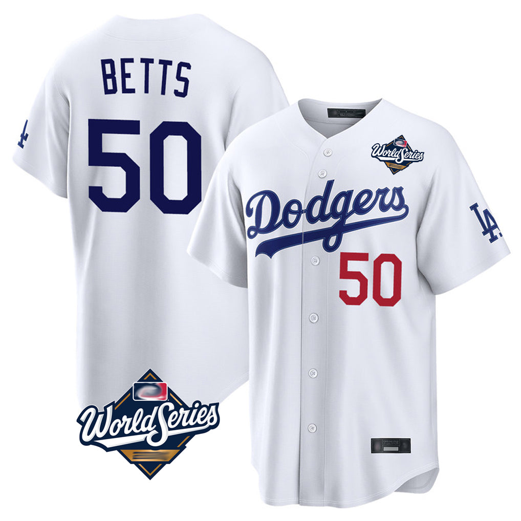 Cooneas LA.Dodgers #50 Mookie Betts Player White World Series Home Game Stitched Jerseys