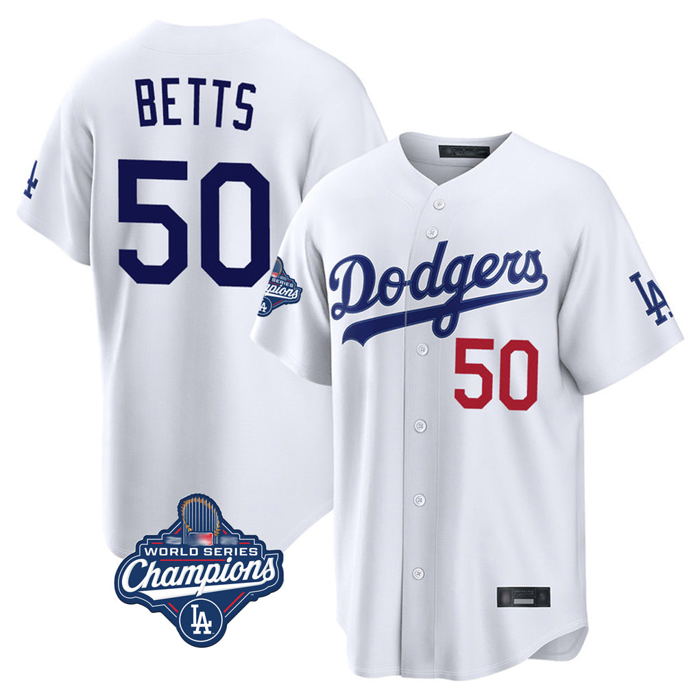 Cooneas LA.Dodgers #50 Mookie Betts Player White World Series Meet Home Game Stitched Jerseys