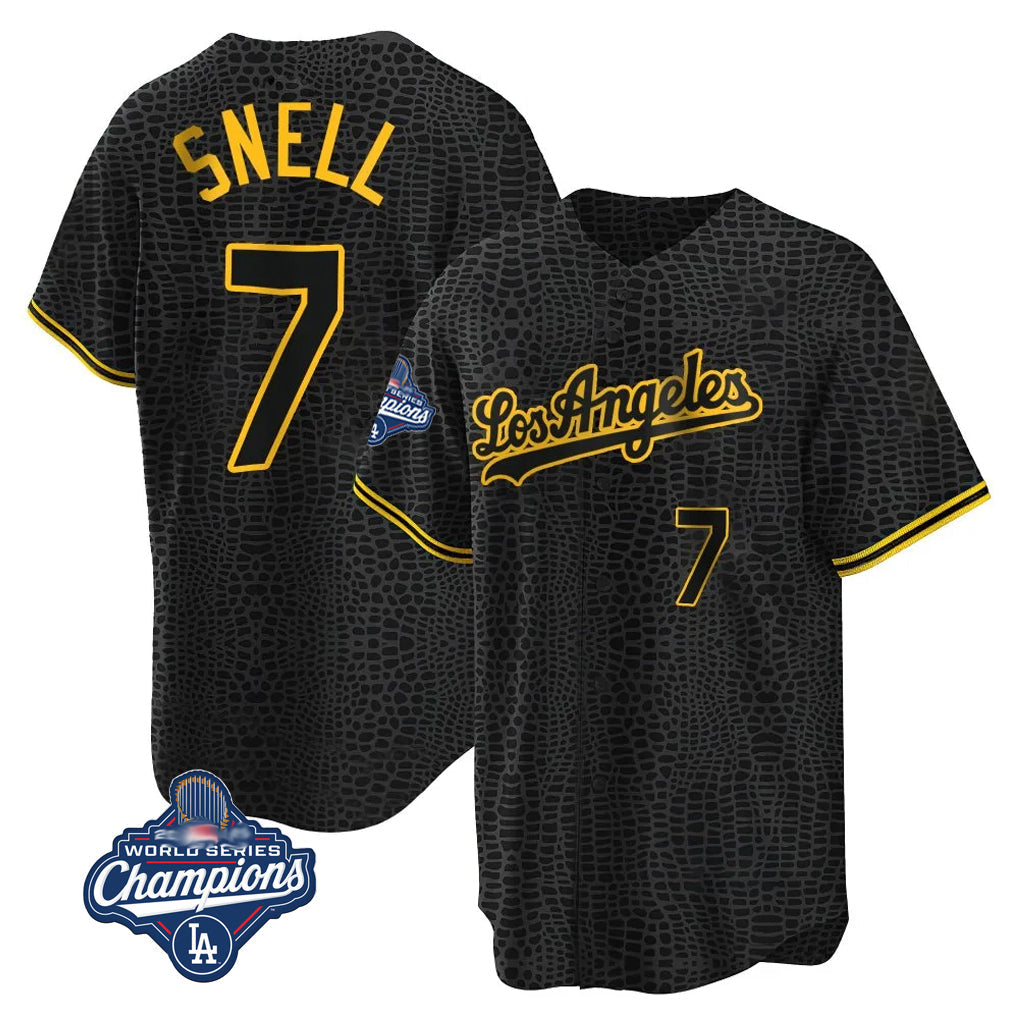 Cooneas LA.Dodgers #7 Blake Snell Player Black Snake Skin City Game Home World Series Meet Stitched Jerseys