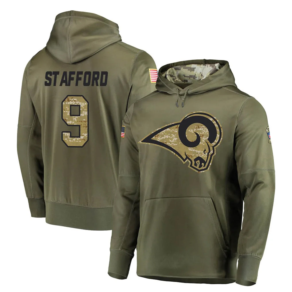 Cooneas LA.Rams #9 Matthew Stafford Player Olive Salute to Service Pullover Hoodies Home Game Stitched Jerseys