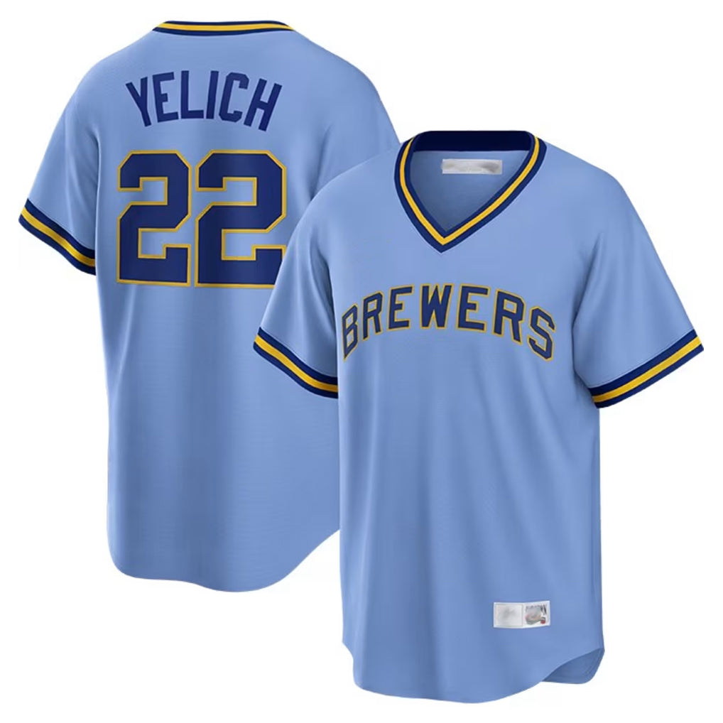 Cooneas M.Brewers #22 Christian Yelich Player Light Blue Cooperstown Collection Game T-shirt Stitched Jerseys