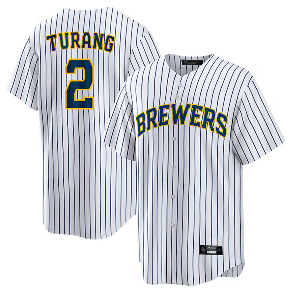 Cooneas M.Brewers #2 Brice Turang Player White Stripes Home Game Stitched Jerseys