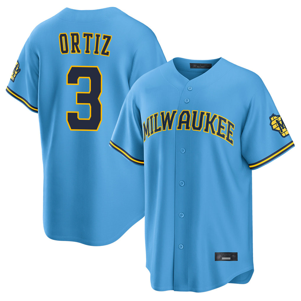 Cooneas M.Brewers #3 Joey Ortiz Player Light Blue Road Stadium Game Stitched Jerseys