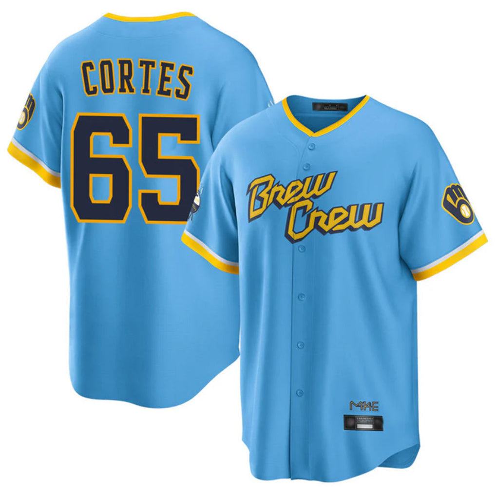 Cooneas M.Brewers #65 Nestor Cortes Player Light Blue City Connect Home Game Stitched Jerseys