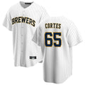 Cooneas M.Brewers #65 Nestor Cortes Player White Stripes Home Game Stitched Jerseys