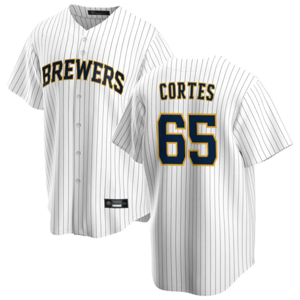 Cooneas M.Brewers #65 Nestor Cortes Player White Stripes Home Game Stitched Jerseys
