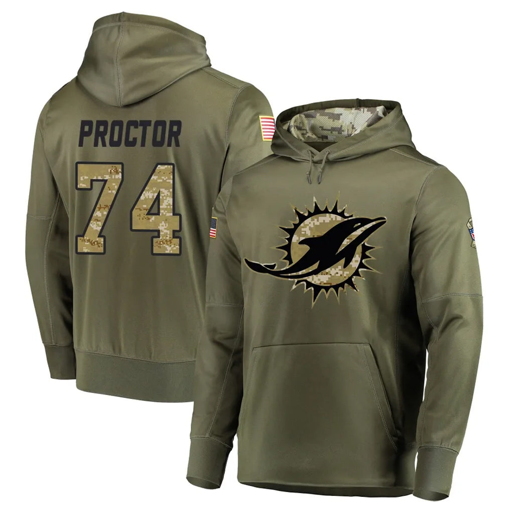 Cooneas M.Dolphins #74 Kadyn Proctor Player Olive Salute to Service Pullover Hoodies Home Game Stitched Jerseys