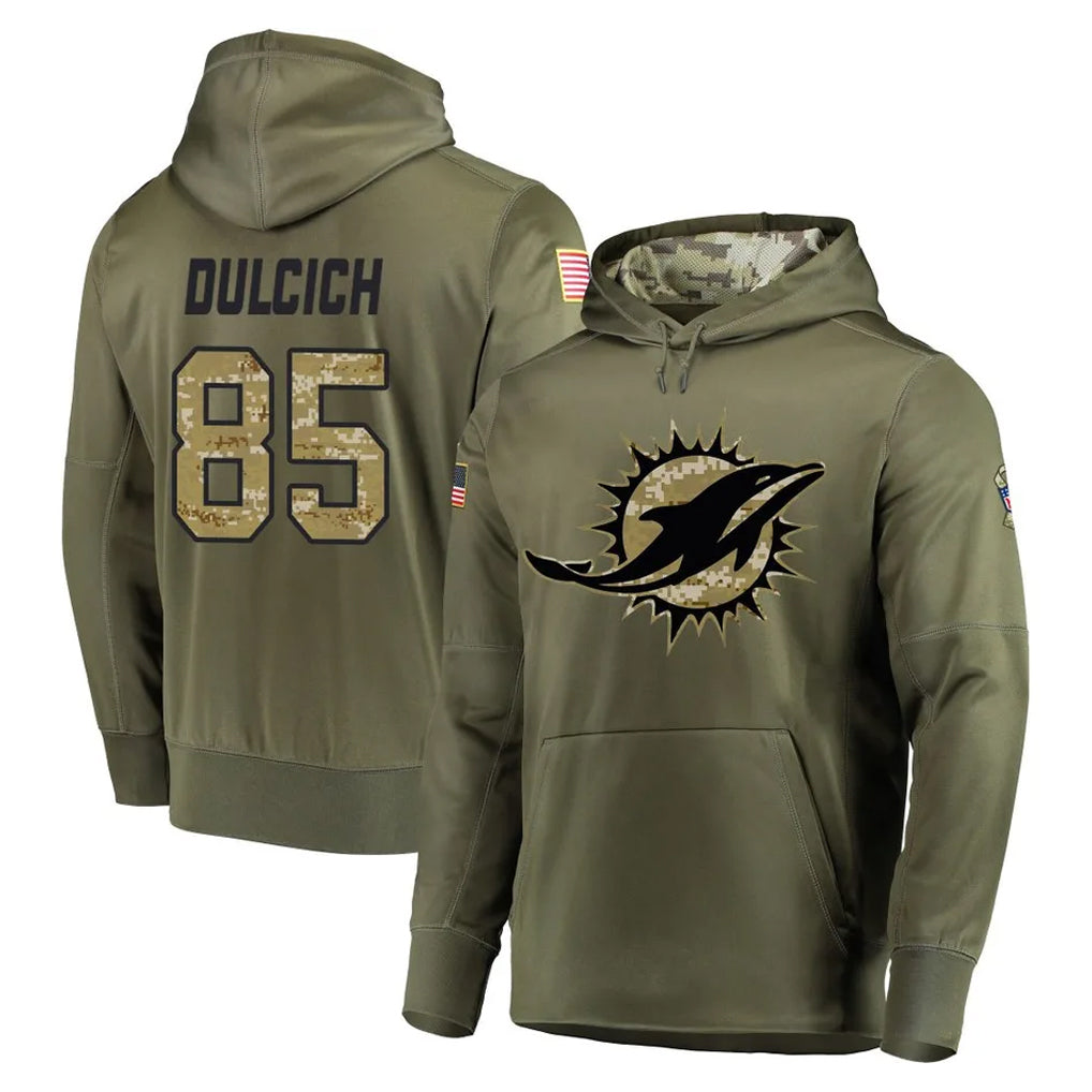Cooneas M.Dolphins #85 Greg Dulcich Player Olive Salute to Service Pullover Hoodies Home Game Stitched Jerseys