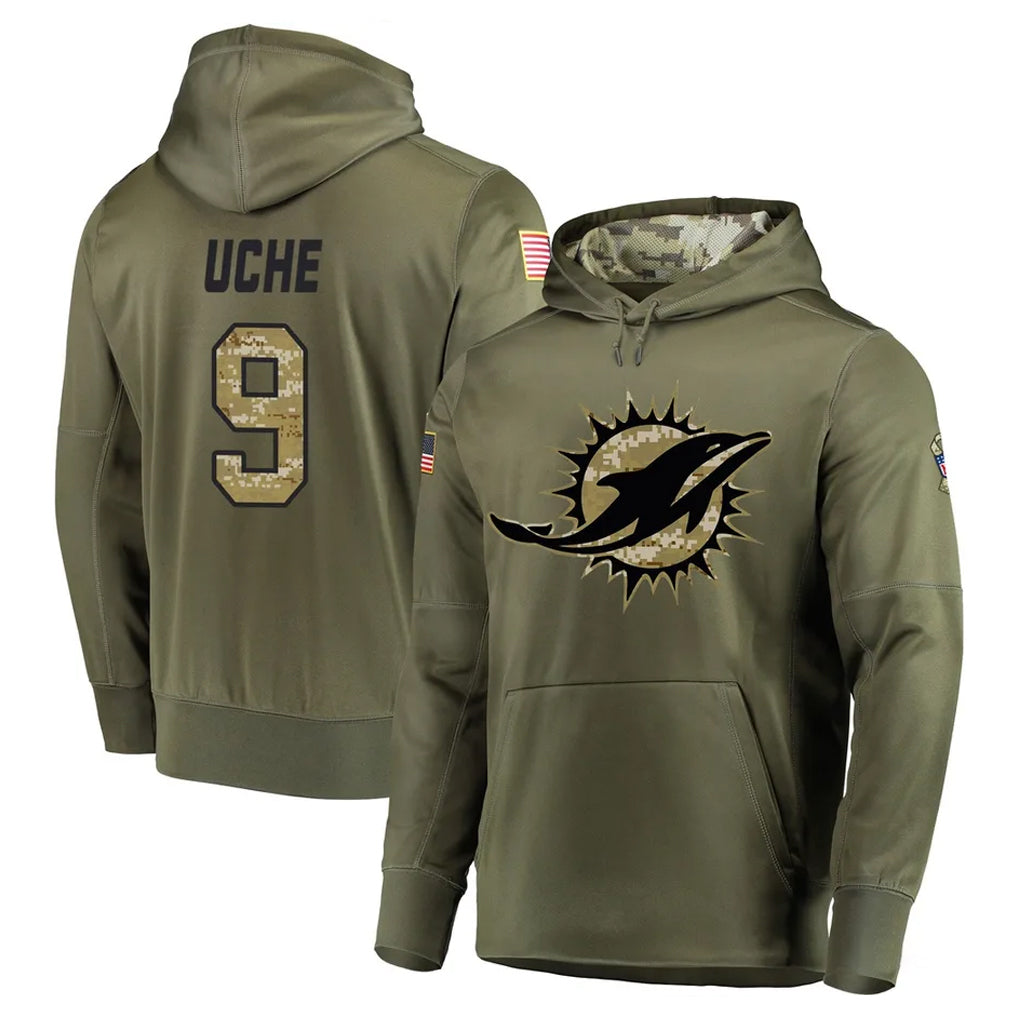 Cooneas M.Dolphins #9 Joshua Uche Player Olive Salute to Service Pullover Hoodies Home Game Stitched Jerseys