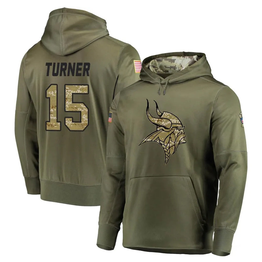 Cooneas MN.Vikings #15 Dallas Turner Player Olive Salute to Service Pullover Hoodies Home Game Stitched Jerseys
