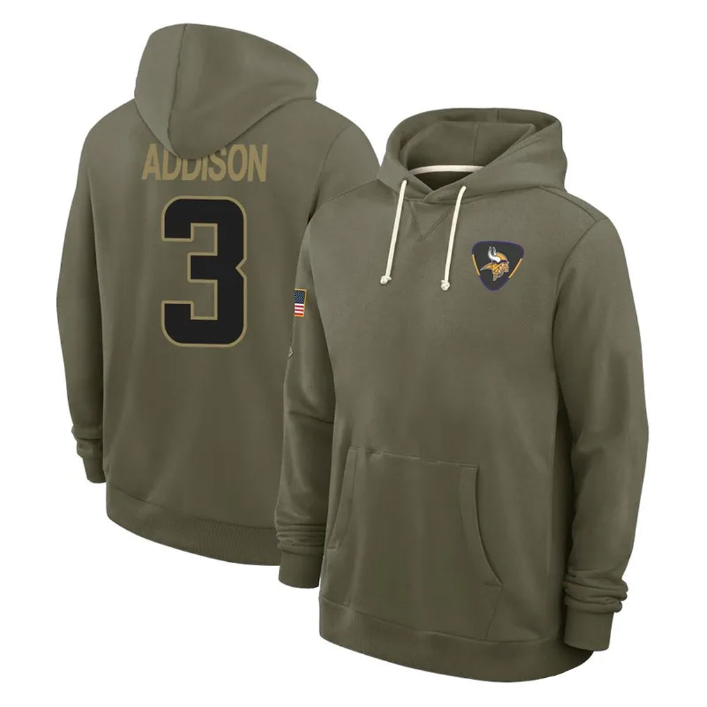 Cooneas MN.Vikings #3 Jordan Addison Player Olive Salute to Service Pullover Hoodies Limited Stitched Jerseys