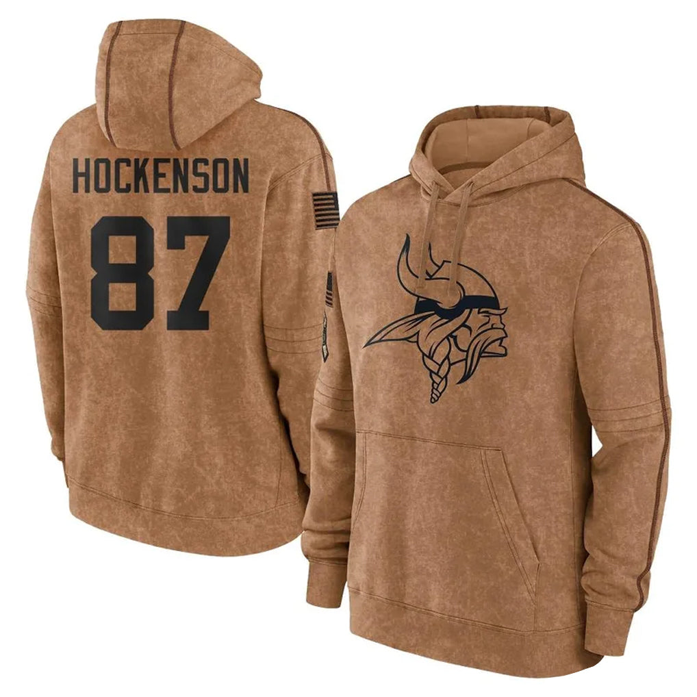 Cooneas MN.Vikings #87 T.J. Hockenson Player Brown Salute to Service Pullover Hoodies Limited Game Stitched Jerseys