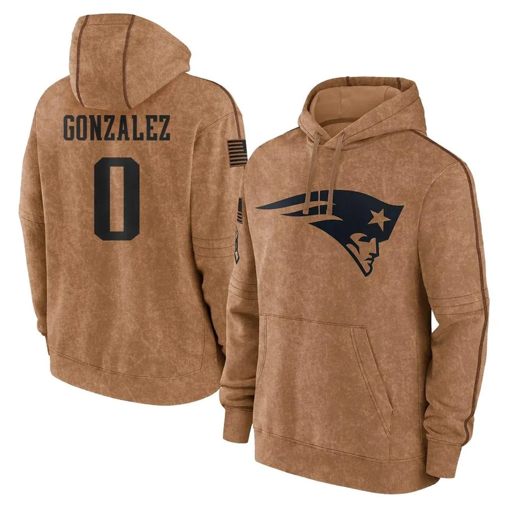 Cooneas NE.Patriots #0 Christian Gonzalez Player Brown Salute to Service Pullover Hoodies Limited Game Stitched Jerseys