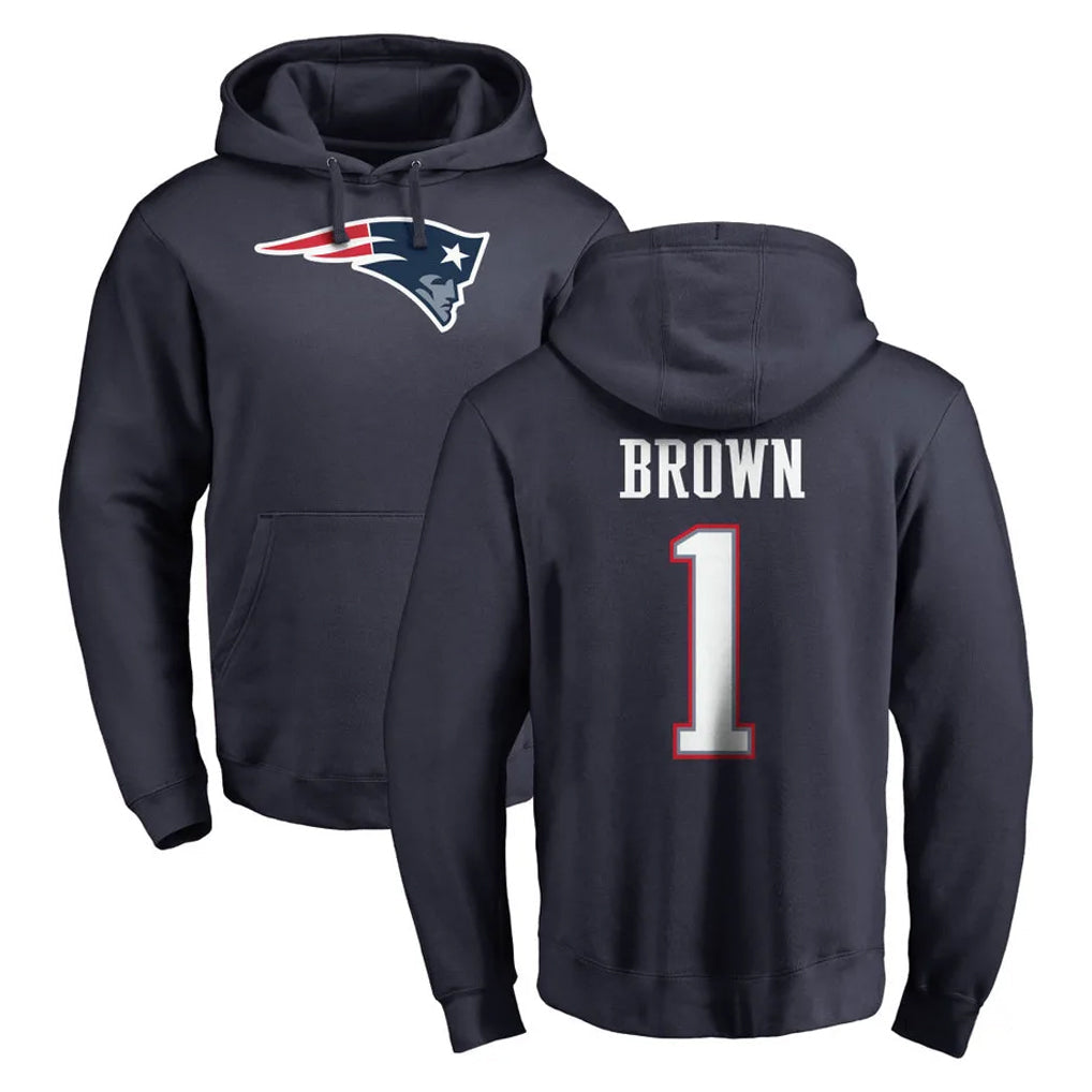 Cooneas NE.Patriots #1 A.J. Brown Player Navy LOGO Pullover Hoodies Home Game Stitched Jerseys