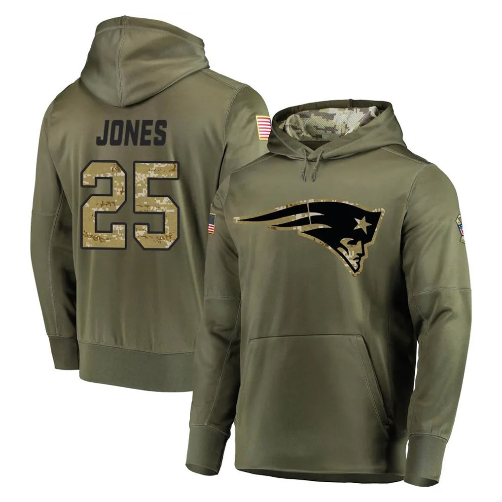 Cooneas NE.Patriots #25 Marcus Jones Player Olive Salute to Service Pullover Hoodies Home Game Stitched Jerseys