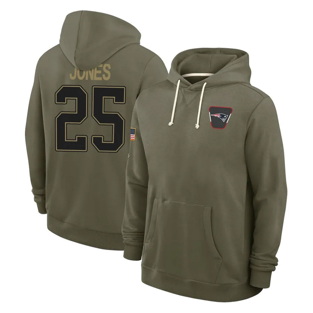 Cooneas NE.Patriots #25 Marcus Jones Player Olive Salute to Service Pullover Hoodies Limited Stitched Jerseys