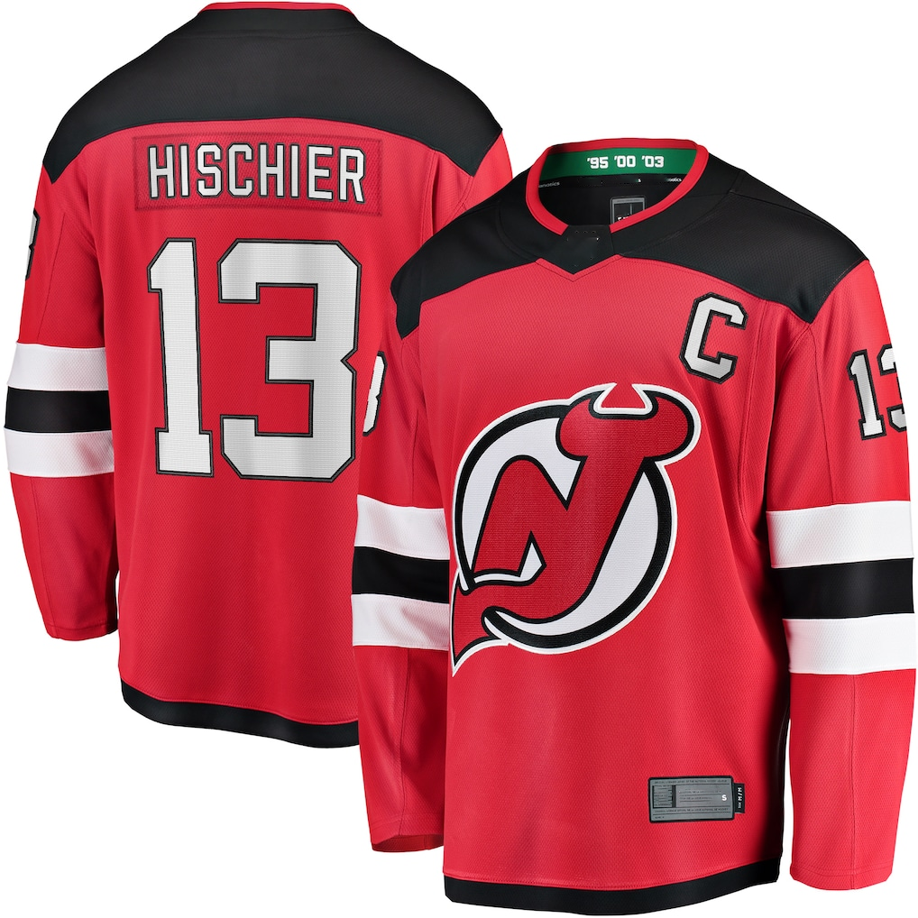 Cooneas N.Jersey Devils #13 Nico Hischier Red Captain Patch Home Breakaway Jerseys