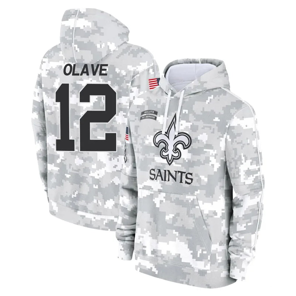 Cooneas NO.Saints #12 Chris Olave Player Arctic Camo Salute to Service Pullover Hoodies Limited Game Stitched Jerseys