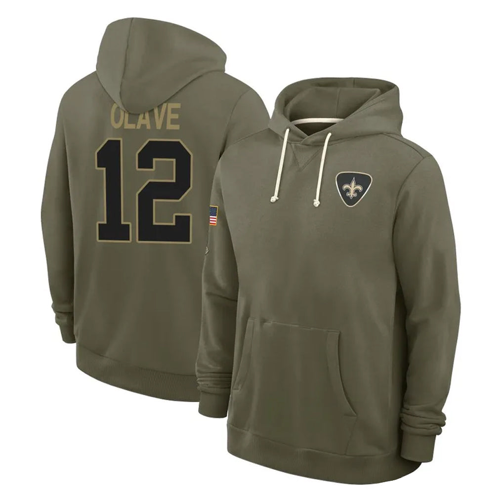 Cooneas NO.Saints #12 Chris Olave Player Olive Salute to Service Pullover Hoodies Limited Stitched Jerseys
