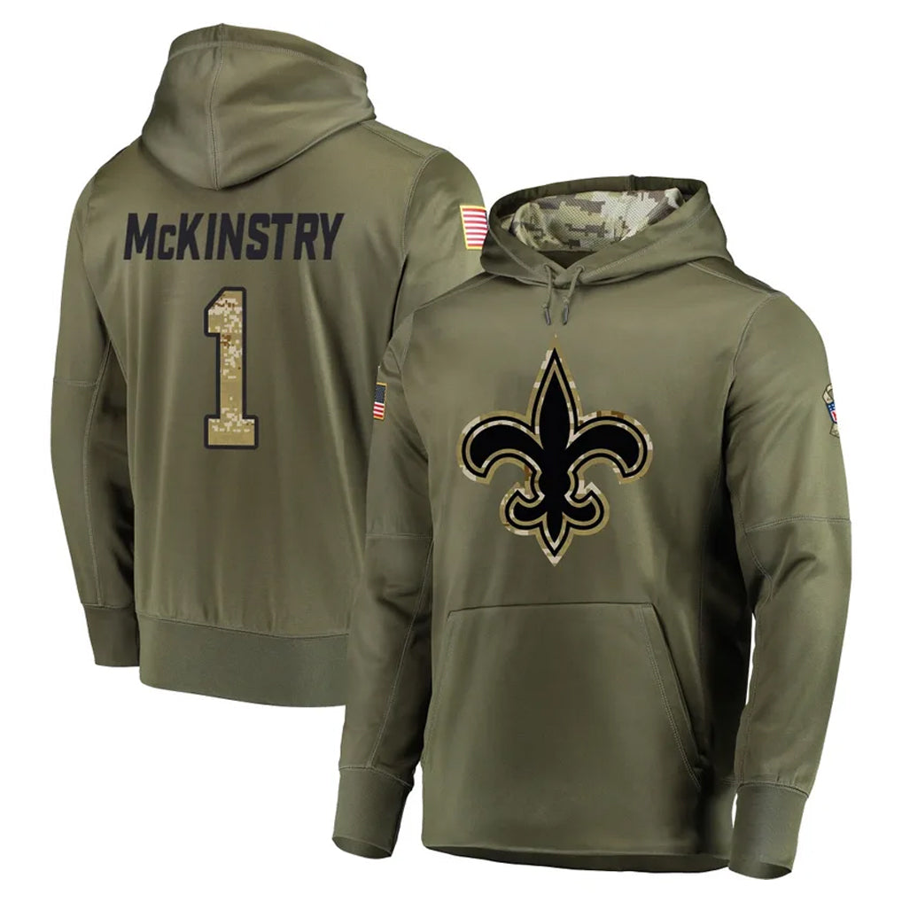 Cooneas NO.Saints #1 Kool-Aid McKinstry Player Olive Salute to Service Pullover Hoodies Home Game Stitched Jerseys